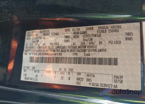 2010 Ford E-250 Commercial/Recreational z USA, uszkodzony, nr VIN 1FTNE2EW8ADA44130